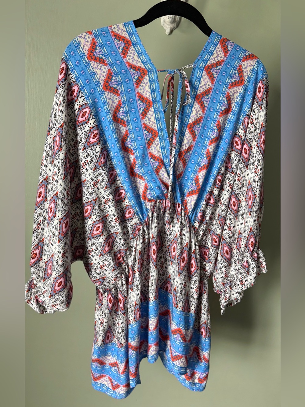 Umgee XL Boho Mixed Print Tunic Top • Blue & Coral • Back Tie Detail